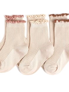 Little Stocking Co. Vanilla lettuce trim midi 3-Pack Contains 3 pairs of vanilla ribbed midi socks with contrasting lettuce trim binding. Colors included: Vanilla/sugar almond, vanilla/blush & solid vanilla Midi socks are made to hit in between the ankle and lower calf. Variations in sock length are normal. Machine wash cold with like colors. tumble dry low or lay flat to dry. 79% cotton / 19% polyester / 2% spandex Cable Knit Tights, Fall Socks, Knit Tights, Baby Bling, Toddler Socks, Kickee Pants, Organic Colors, Baby Diaper Bags, High Knees