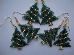 beaded christmas tree earrings with red and green beads