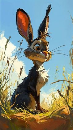 a painting of a rabbit sitting in the middle of some grass and looking at something