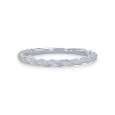 a white gold wedding band with twisted rope design in the middle and an oval shape