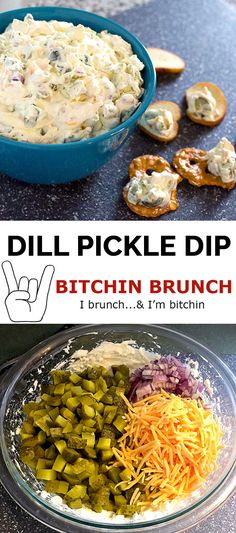 two pictures with different types of dips in them and the words dill pickle dip