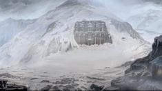 a painting of a mountain with a building in the middle and snow on it's sides