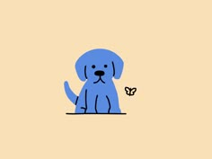 a blue dog sitting on top of a floor next to a yellow wall with a butterfly