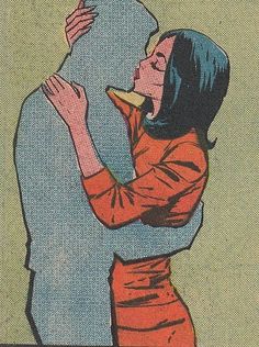 an image of a man kissing a woman in front of a blue and yellow background