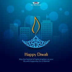 happy diwali greeting card with blue background and cityscape in the background