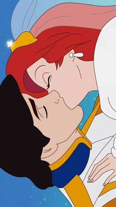 the princess and prince kissing each other in front of a blue sky with stars on it