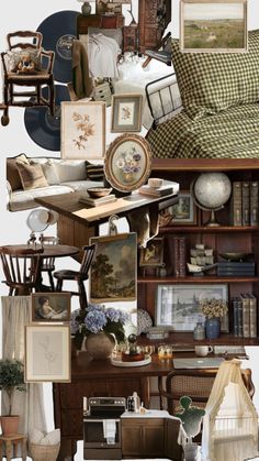 a collage of furniture and pictures in an old fashioned room with many items on the shelves