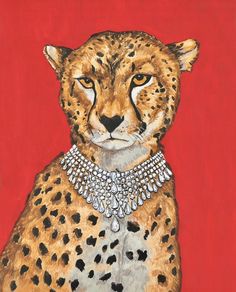 a painting of a cheetah wearing a necklace on it's neck and sitting against a red background