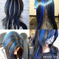 Tri Color Hair Highlights Brunettes, Hair Dye Inspo Highlights, Hair Color Streaks For Brunettes, Multicolor Highlights For Dark Hair, Blue Black And Blonde Hair, Black And Blue Highlights Hair, Blue Streaks In Brown Hair, Hair Stripes