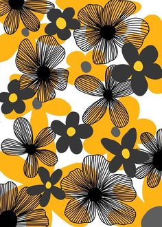 black and yellow flowers on a white background with gray, orange, and grey circles