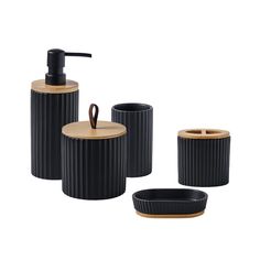 black bathroom accessories set with soap dispenser and toothbrush holder