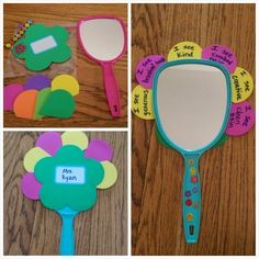 four different pictures of the same mirror with words on it and flowers in each one