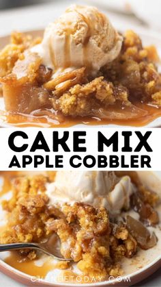 two pictures with the words cake mix and an apple cobbler on top in front of them