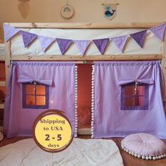 a purple tent with two windows on the front and one in the back that says shipping to usa 2 - 5 days