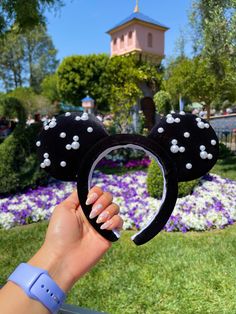 Can add bow for this pair if messages, or can be done without padding :) Louis Vuitton Mickey Ears, Black Mickey Ears, Bedazzled Mickey Ears, Goth Disney Ears, Black Minnie Ears, Disney Park Outfit, Disney Gear, Disney Ears Headband, Cute Disney Outfits