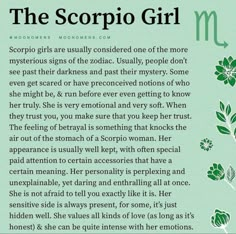 the scorpio girl poem is written in green and black on a light blue background