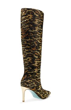 Sparkling crystals create an eye-catching leopard pattern on a knee-high boot that's a surefire way to take your look to the next level. 3 1/4" heel 15 3/4" shaft; 15 1/2" calf circumference Side zip closure Textile upper/synthetic lining and sole Imported Oxford Heels, Platform Slippers, Level 3, Fabric Gift Bags, Crazy Shoes, Leopard Pattern, Mens Fragrance, Fashion Help, Shoe Sale