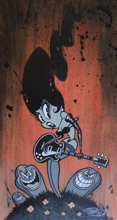 a painting of a boy playing an electric guitar