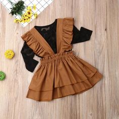 Brand New Suspender Dress Outfit, Strap Dress Outfit, Toddler Designer Clothes, Girl Sleeves, Girls Fall Outfits, Matching Outfit, Lace Top Long Sleeve, Autumn Clothes