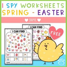 i spy worksheets for spring and easter with an image of a chicken holding a heart