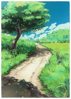 a painting of a dirt road in the middle of a grassy field with a tree