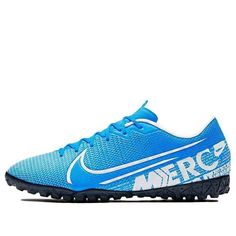 the nike mercuce soccer shoe is blue and white