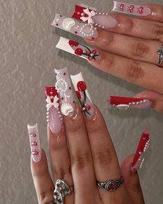 Disney Long Nail Designs, Gel X Long Nails, Xxl Nails Design, Red Freestyle Nails, Red Freestyle Acrylic Nails, Nails Acrylic Coquette, Christmas Nails Extra, Long Acrylic Nails Red, Extra Long Nail Designs