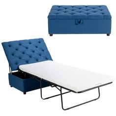 a bed with a blue ottoman and a white mattress on it's side, sitting next to each other