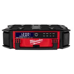 the milwaukee radio is on display in front of a white background, with red and black accents