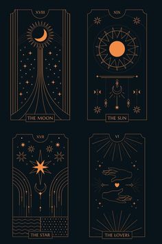 four tarot cards with the sun, moon and stars in gold on black background