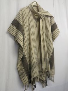 "Wool Fringe Poncho/Cape Stylin' to the Max! Look at the attached scarf What a beauty! This is  Wonderful...Highest quality... Undyed wool...100%  Excellent condition...Out of an old Hollywood Estate Kinda of a one size deal... Dropped shoulder  41\" x 81\" Guys or Gals https://www.etsy.com/shop/BelindasStyleShop" Cowboy Poncho, Fringe Poncho, Grass Valley, Lace Nightgown, Wool Poncho, Fringed Poncho, Wool Cape, Poncho Cape, Goodie Bags