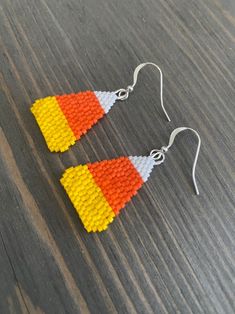 Candy Corn Earrings, Candy Corn Bead Earrings, Halloween Seed Bead Earrings, Orange Yellow White Earrings - Etsy Candy Corn Beaded Earrings, Candy Corn Earrings Diy, Orange Dangle Earrings With Tiny Beads, Orange Beaded Earrings With Round Beads, Orange Round Beaded Earrings With Ear Wire, Nickel-free Orange Beaded Dangle Earrings, Orange Jewelry With Tiny Beads For Crafting, Nickel Free Yellow Dangle Beaded Earrings, Nickel-free Yellow Dangle Beaded Earrings