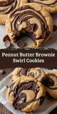 chocolate peanut butter brownie swirl cookies are cut in half and stacked on top of each other