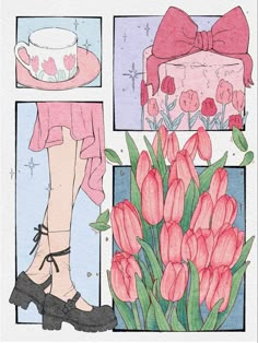 a drawing of pink tulips and a woman's legs