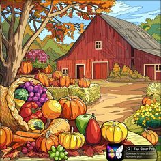 a colorful fall scene with pumpkins and gourds in front of a barn