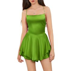 PRICES MAY VARY. Material: This satin mini dress for women is made of polyester, ultra-soft, lightweight, skin-friendly, smooth to touch, durable and not easy to deform, comfortable to wear all day Design: Sexy romper dress for women, solid color, spaghetti strap, sleeveless, cowl neck, ruffles hem, cross tie-up, backless design, slim styles can perfectly show your body and add more for your elegant lady charming Occasion: Ruffle short flowy dress, suitable for casual wear, daily life, date, goi Short Flowy Dress, Flowy Dress Short, Spaghetti Strap Jumpsuit, Short Romper, Night Out With Friends, Elegant Lady, Ruffle Romper, Mini Dresses For Women, Backless Design