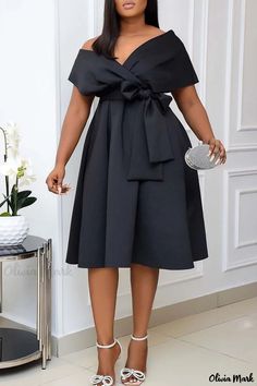 Olivia Mark - Elegant A-line Dresses with Solid Bandage Patchwork and V-neck design for Black Celebrities Bow Fashion, Sukienki Plus Size, Pleated Gown, Line Dresses, Vestido Plus Size, A Line Dresses, High Waist Fashion, Black Evening Dresses, Midi Dress Party