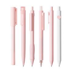 five different types of pens lined up in a row on a white background, with one pink and the other white