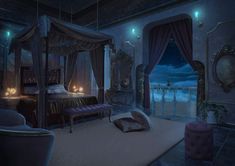 a bed room with a canopy bed sitting next to a window and a night sky