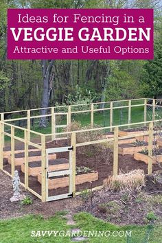 an outdoor vegetable garden with wooden steps and plants in the ground, text overlay reads ideas for fencing in a veggie garden attractive and useful options