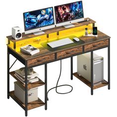 two computer monitors sitting on top of a wooden desk next to a keyboard and mouse