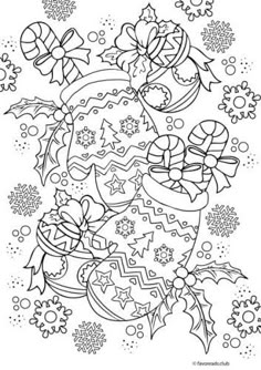 christmas coloring pages for adults and kids with ornaments, bells and snowflakes on the ground