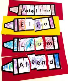 three pieces of paper cut out to spell the name alieena with crayons