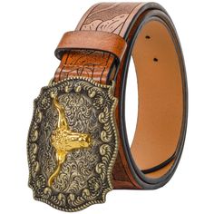 PRICES MAY VARY. Three Size Information: Golden Texas Buckles belt measures about 6.2cm/2.5" in width, about 8.6cm/3.3" in length. Leather belt width: 3.8cm/1.5"; leather belt length 100cm/39" for 63.5-76cm/25-30" waist; 110cm/43" for 79-86cm/31-34" waist; 120cm/47" for 86-96.5cm/34-38" waist. you can wear directly, and the 7 belt holes provide sufficient adjustment space to achieve comfort Durable Materials:Our the brown western country leather belt is made of quality leather,engraved with flor Big Buckle Belt, Cowboy Buckle, Longhorn Bull, Leather Engraved, Leather Engraving, Cowboy Belt, Belt For Men, Branded Belts, Western Belts