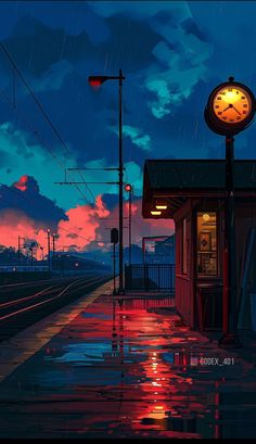 a painting of a train station with a clock on the platform at night and rain