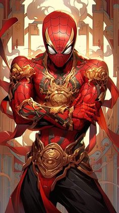 a spider - man is standing with his arms crossed in front of an ornate background