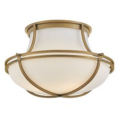 Hinkley's Saddler produces a bright opulent glow in a transitional design, the etched opal glass is covered in swooping, steel lines painted in a heritage brass, giving this piece an elegant charm. Illuminate you entryway, foyer, or hallway with this fashionable chic fixture. Elevate any interior space with this transitional gem, its sleek graceful design compliments any home. Hinkley has a 2-year limited warranty, subject to certain exclusions and conditions. Hinkley Fixture Finish: Heritage Br Foyer Lighting Fixtures Entryway, Foyer Lighting Fixtures, Heritage Brass, Foyer Lighting, Flush Mount Light, Hinkley Lighting, Light Fixtures Flush Mount, Filament Bulb, Metal Straps