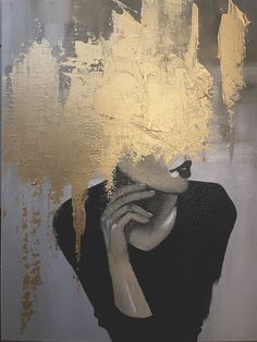 a painting of a woman holding a cell phone to her ear with gold paint on it