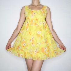 Yellow Babydoll Mini Dress 60s Babydoll, Corset Skirt, Babydoll Mini Dress, Floral Butterfly