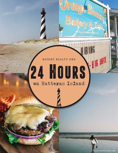 there is a sign that says 24 hours on the beach and an image of a burger